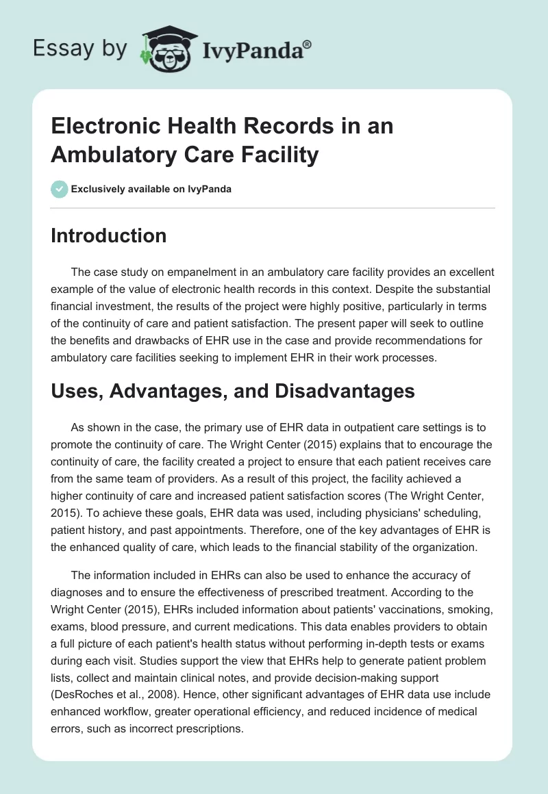 Electronic Health Records in an Ambulatory Care Facility. Page 1