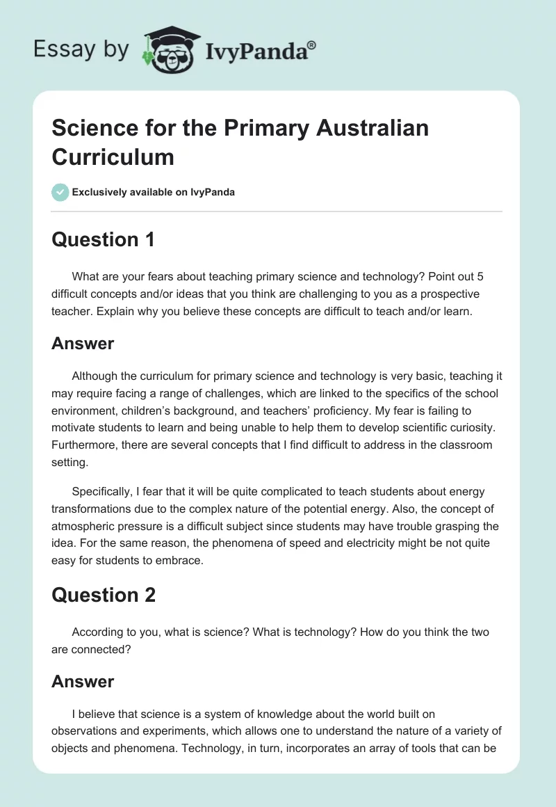 Science for the Primary Australian Curriculum. Page 1