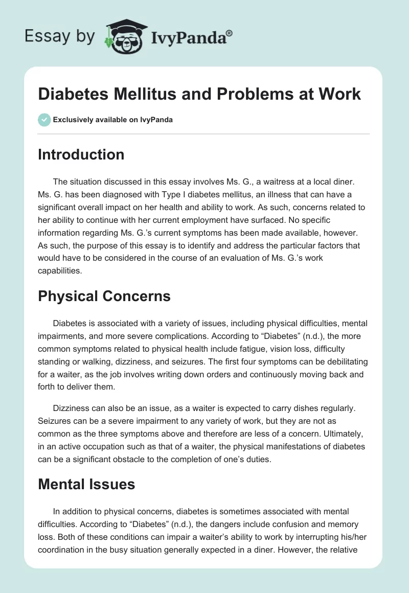 Diabetes Mellitus and Problems at Work. Page 1