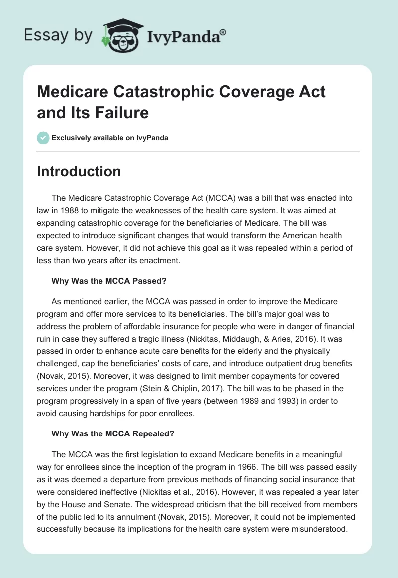Medicare Catastrophic Coverage Act and Its Failure. Page 1