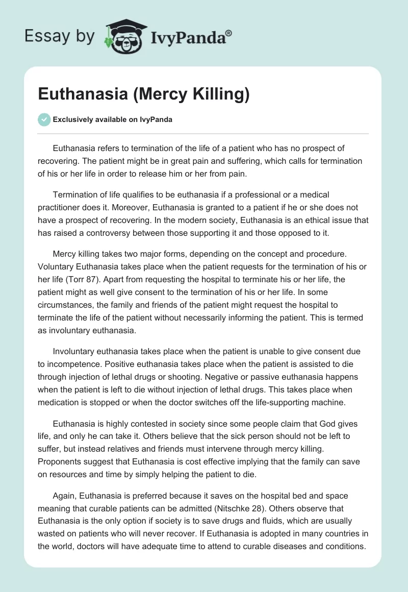 meaning of mercy killing essay