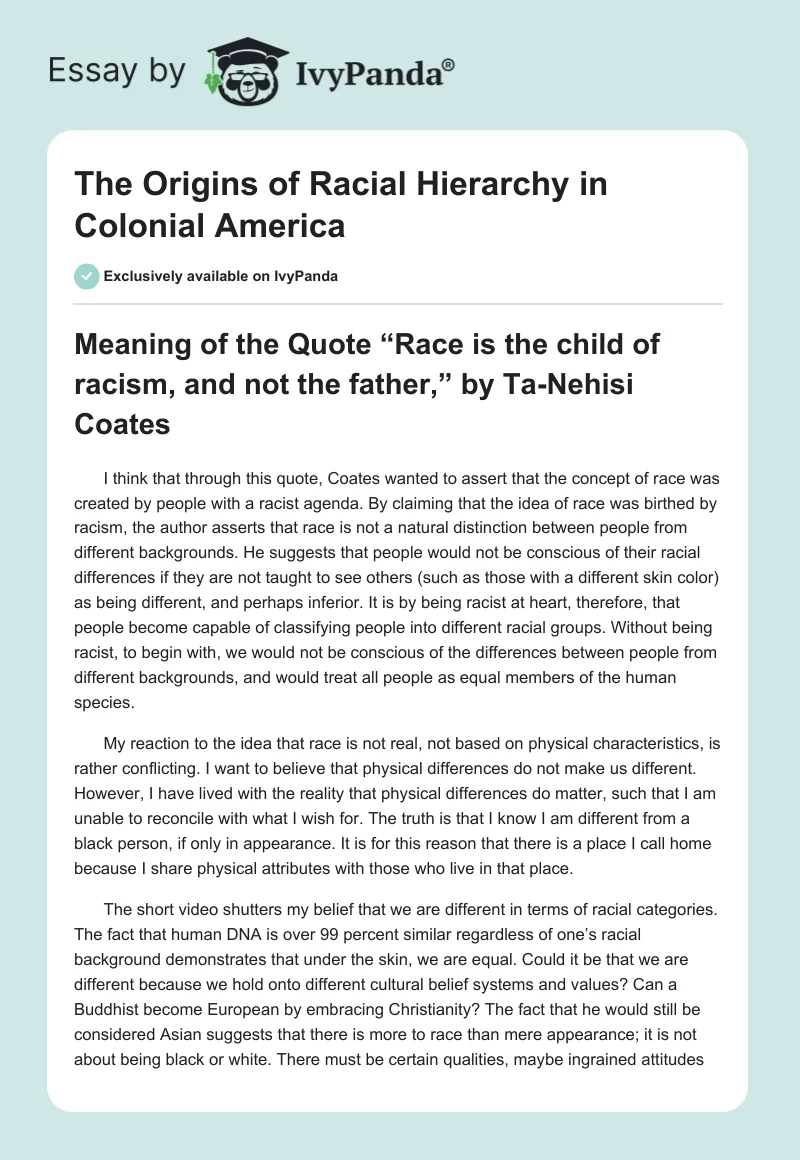 The Origins of Racial Hierarchy in Colonial America. Page 1