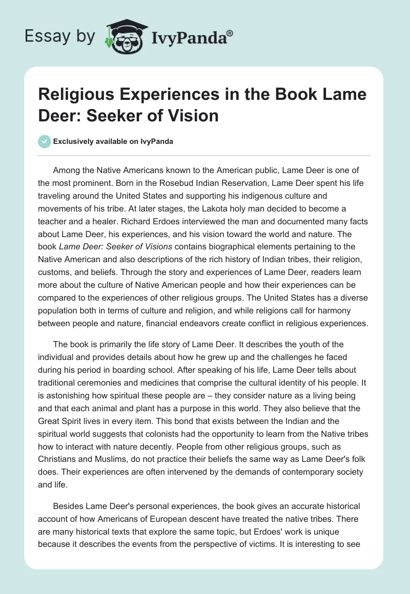 Religious Experiences in the Book Lame Deer: Seeker of Vision. Page 1