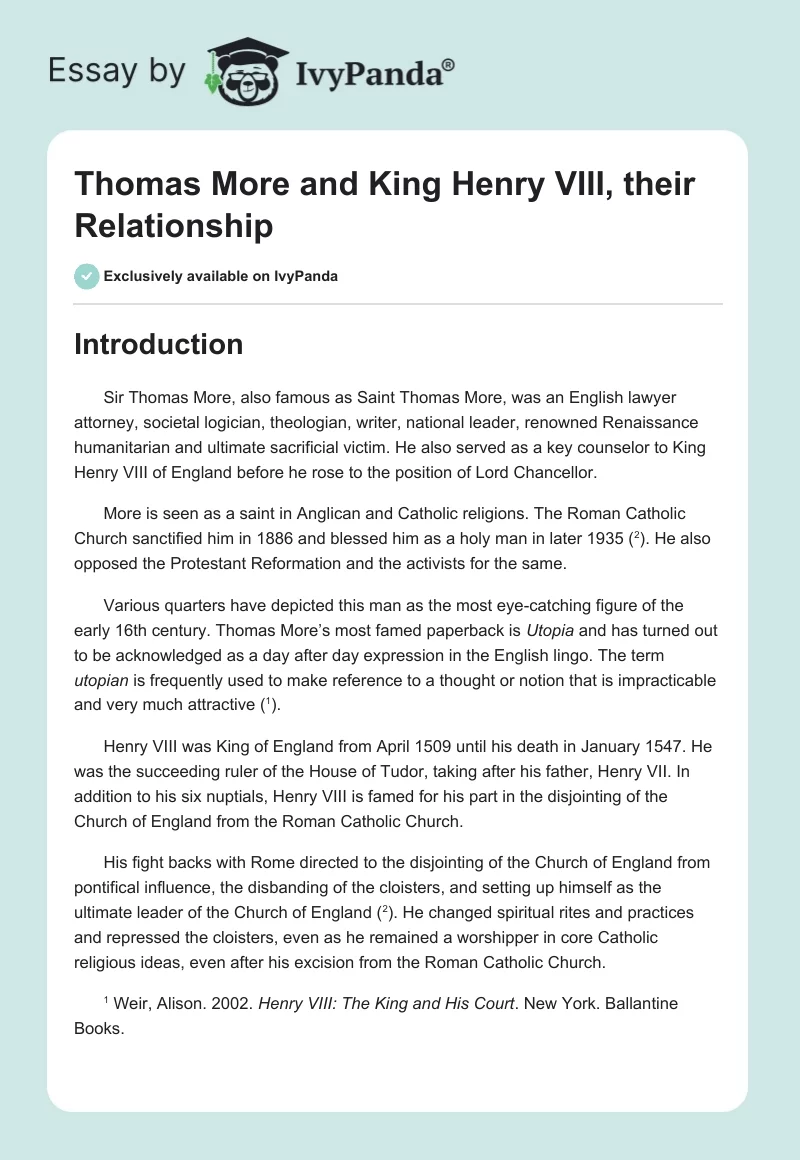 Thomas More and King Henry VIII, their Relationship. Page 1