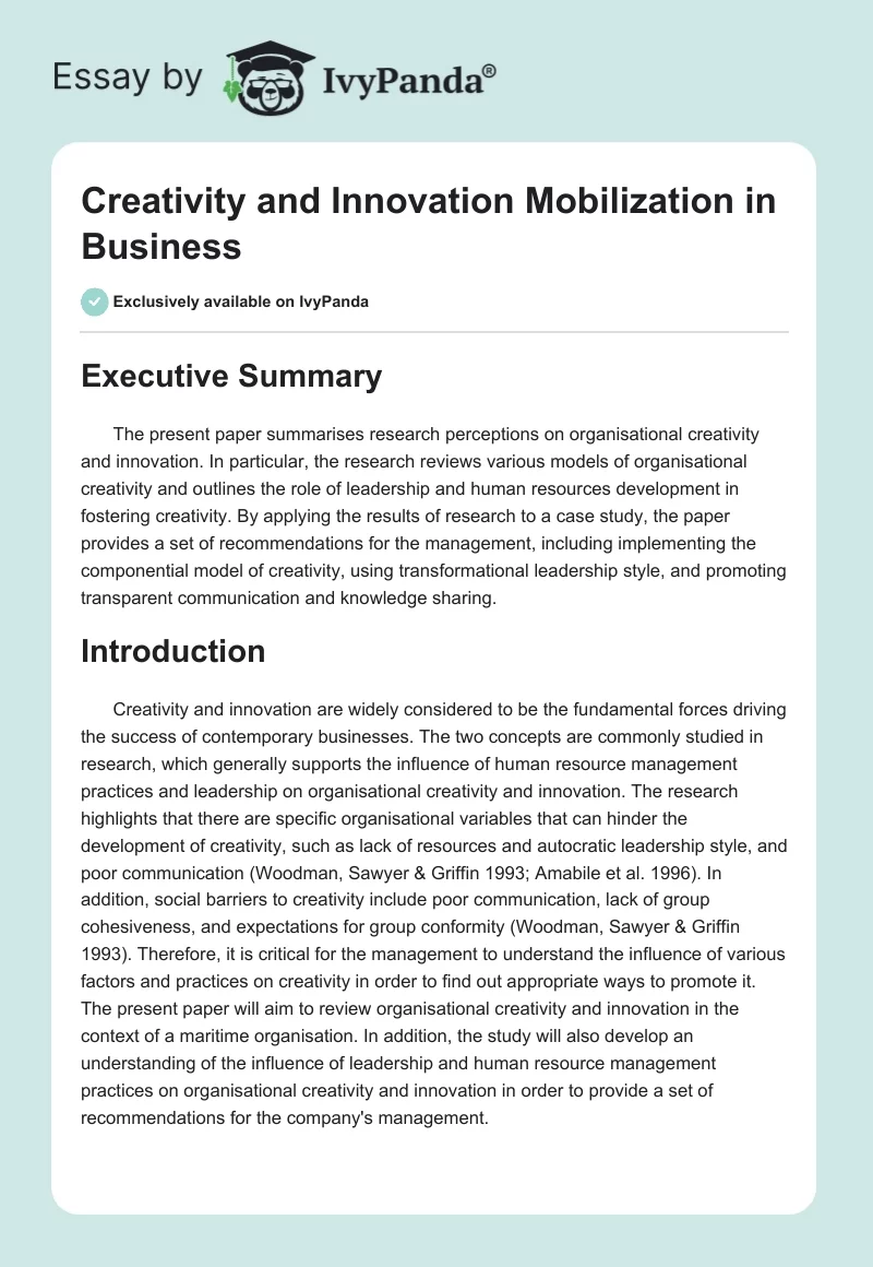 Creativity and Innovation Mobilization in Business. Page 1