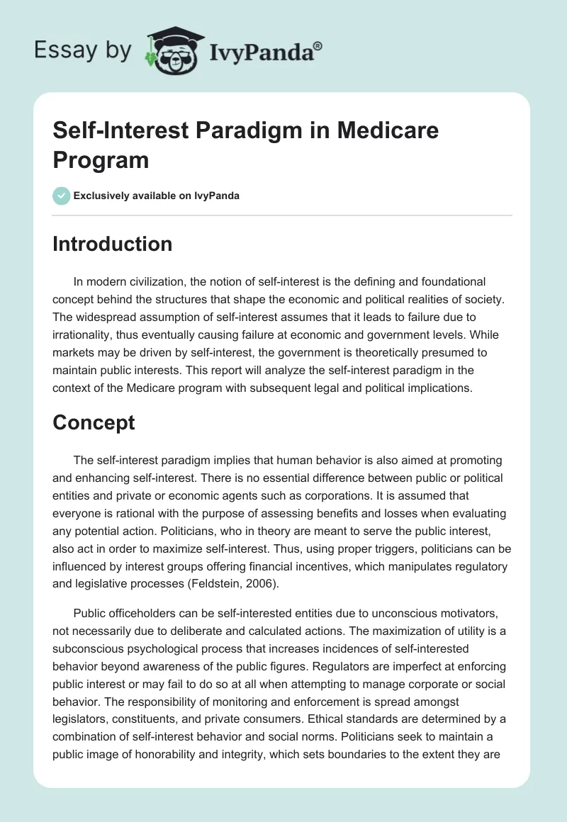 Self-Interest Paradigm in Medicare Program. Page 1