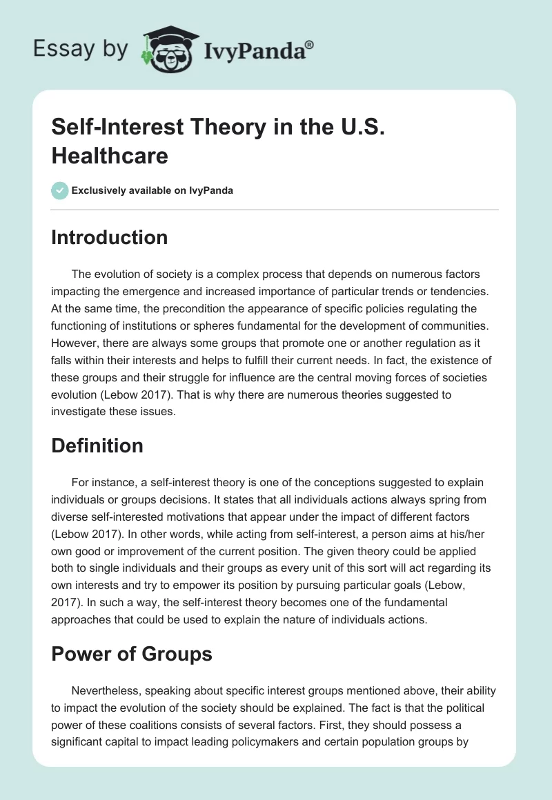 Self-Interest Theory in the U.S. Healthcare. Page 1
