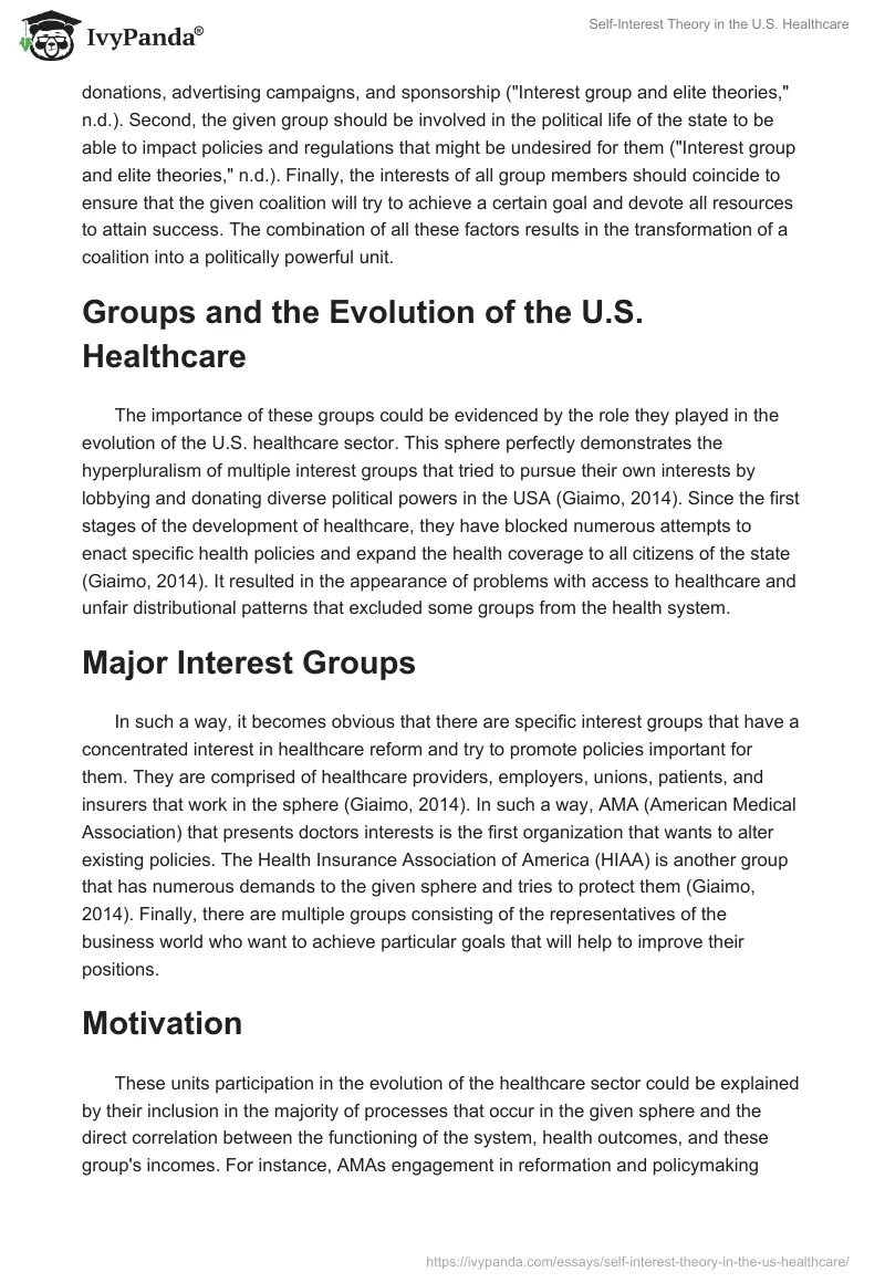 Self-Interest Theory in the U.S. Healthcare. Page 2