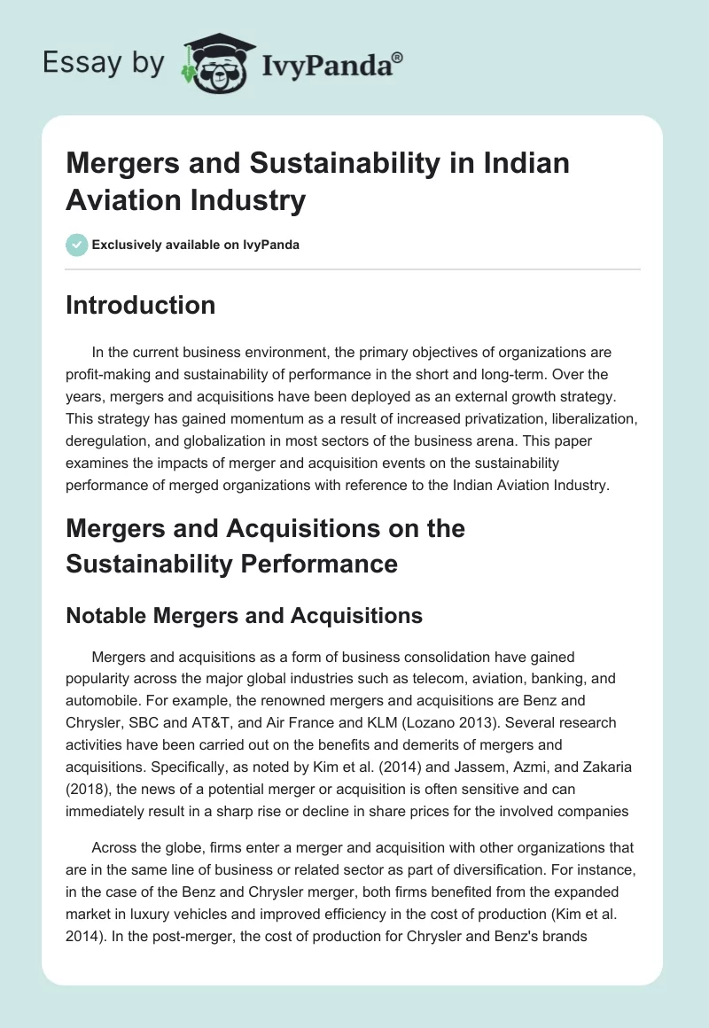 Mergers and Sustainability in Indian Aviation Industry. Page 1