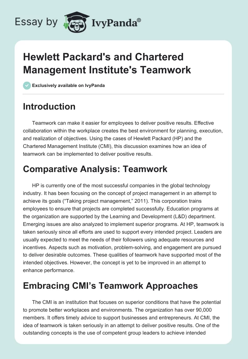 Hewlett Packard's and Chartered Management Institute's Teamwork. Page 1