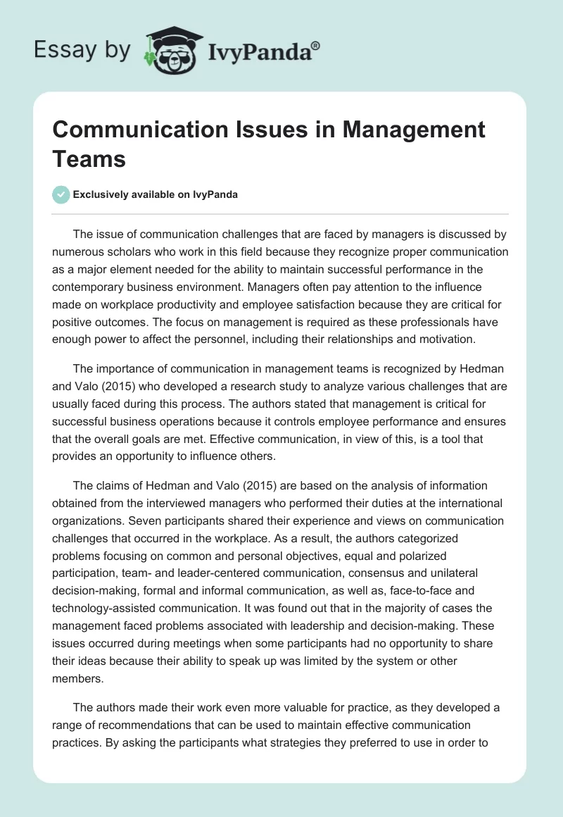 Communication Issues in Management Teams. Page 1