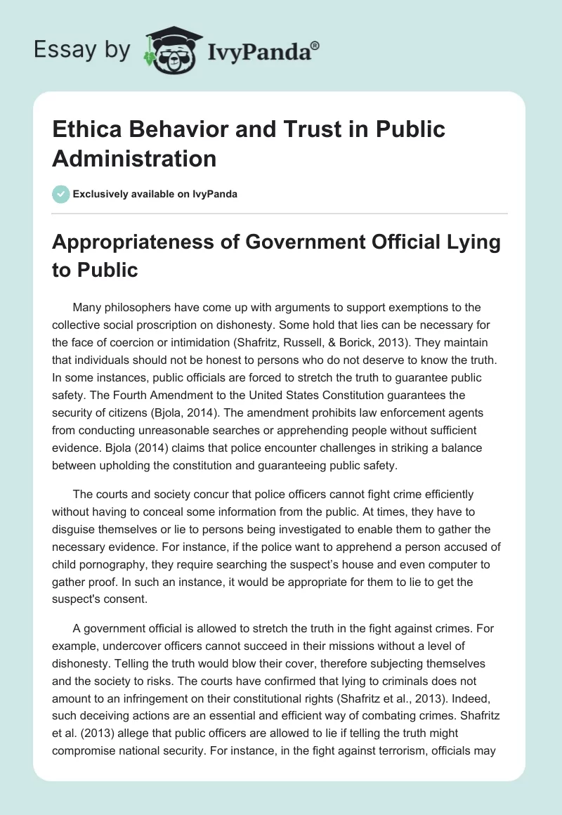 Ethica Behavior and Trust in Public Administration. Page 1