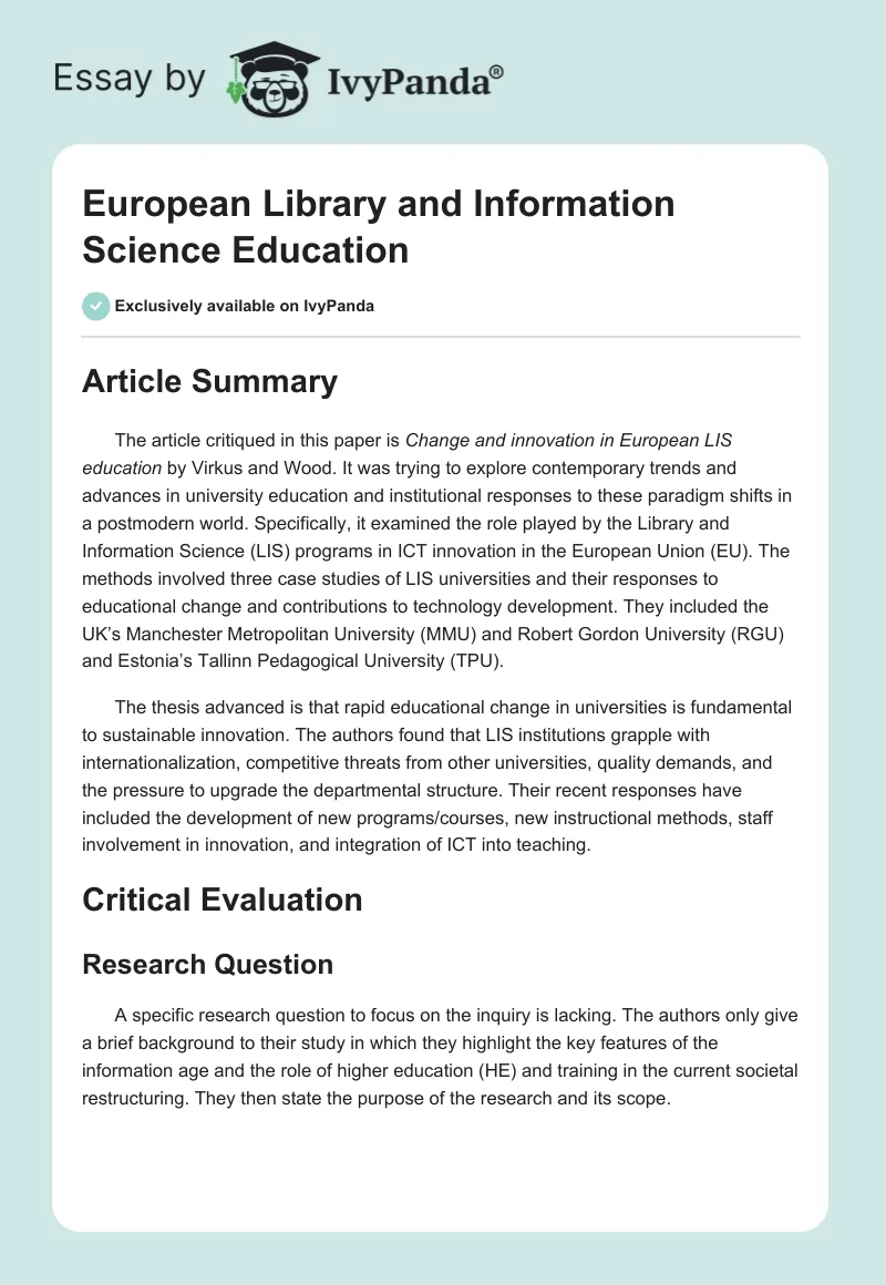 European Library and Information Science Education. Page 1