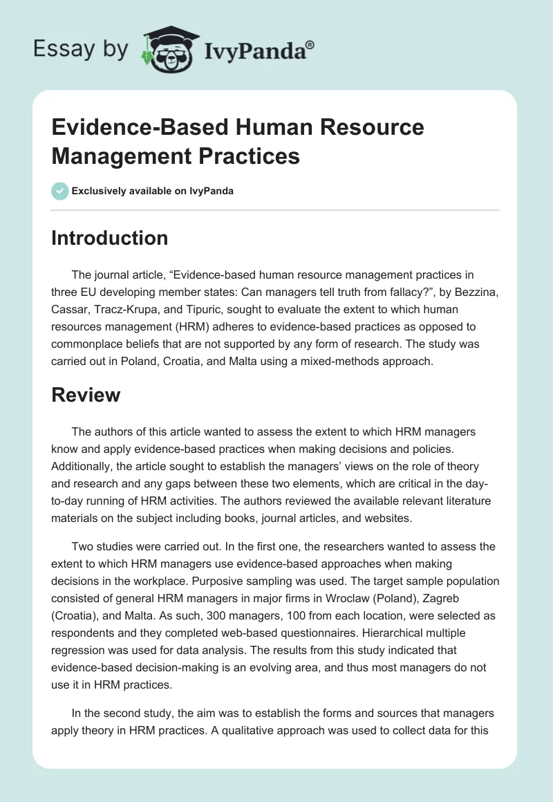 Evidence-Based Human Resource Management Practices. Page 1