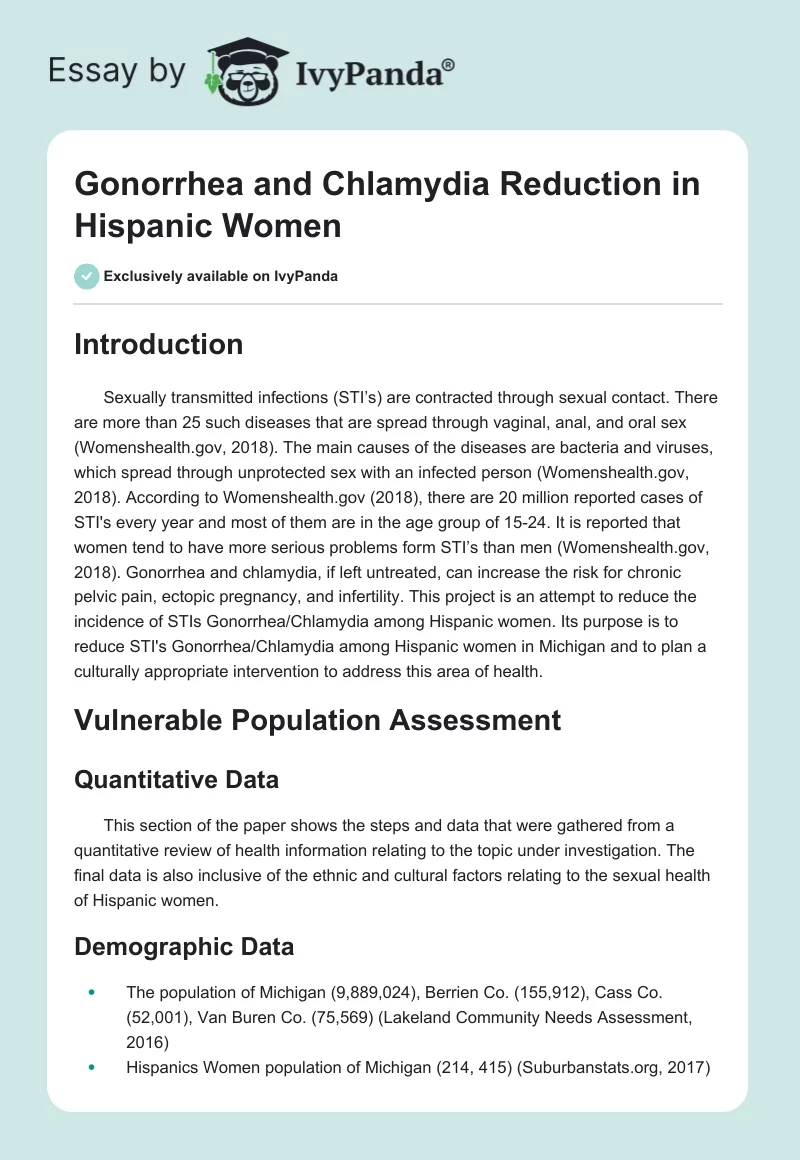Gonorrhea and Chlamydia Reduction in Hispanic Women. Page 1