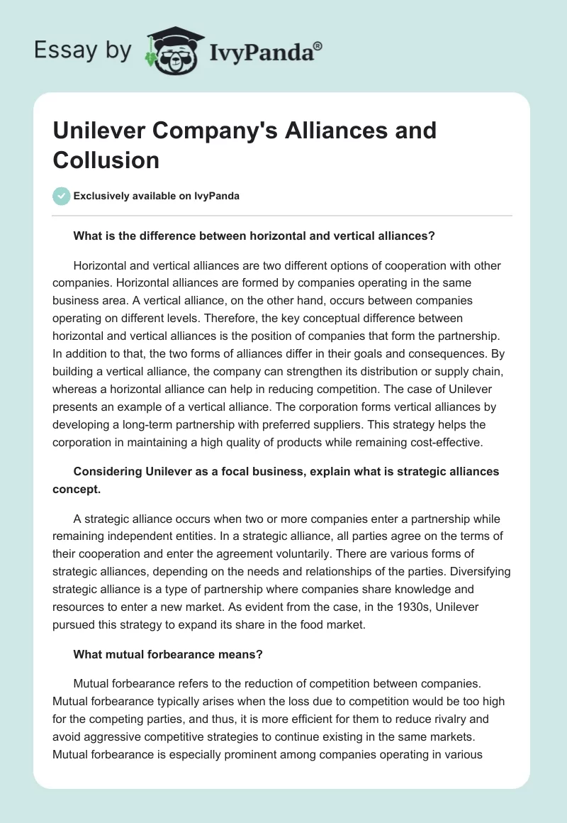 Unilever Company's Alliances and Collusion. Page 1