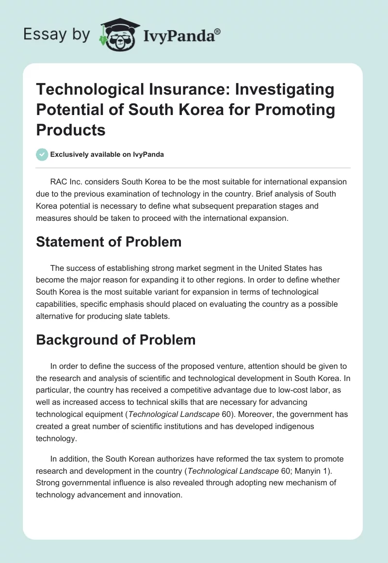 Technological Insurance: Investigating Potential of South Korea for Promoting Products. Page 1