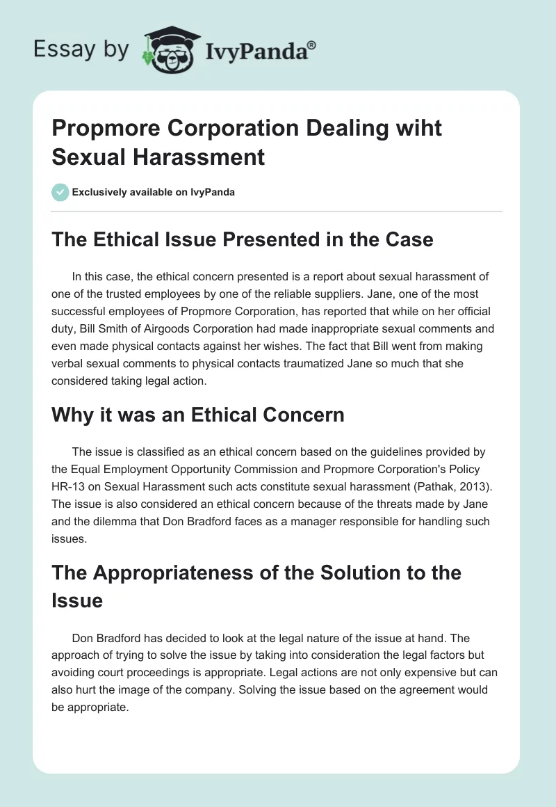 Propmore Corporation Dealing Wiht Sexual Harassment. Page 1