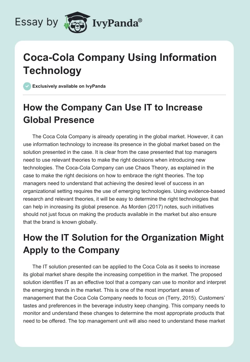 Coca-Cola Company Using Information Technology. Page 1