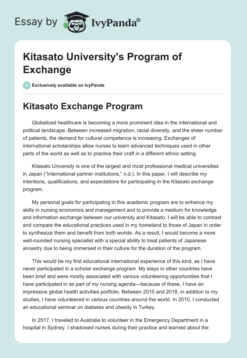 Kitasato University's Program of Exchange. Page 1