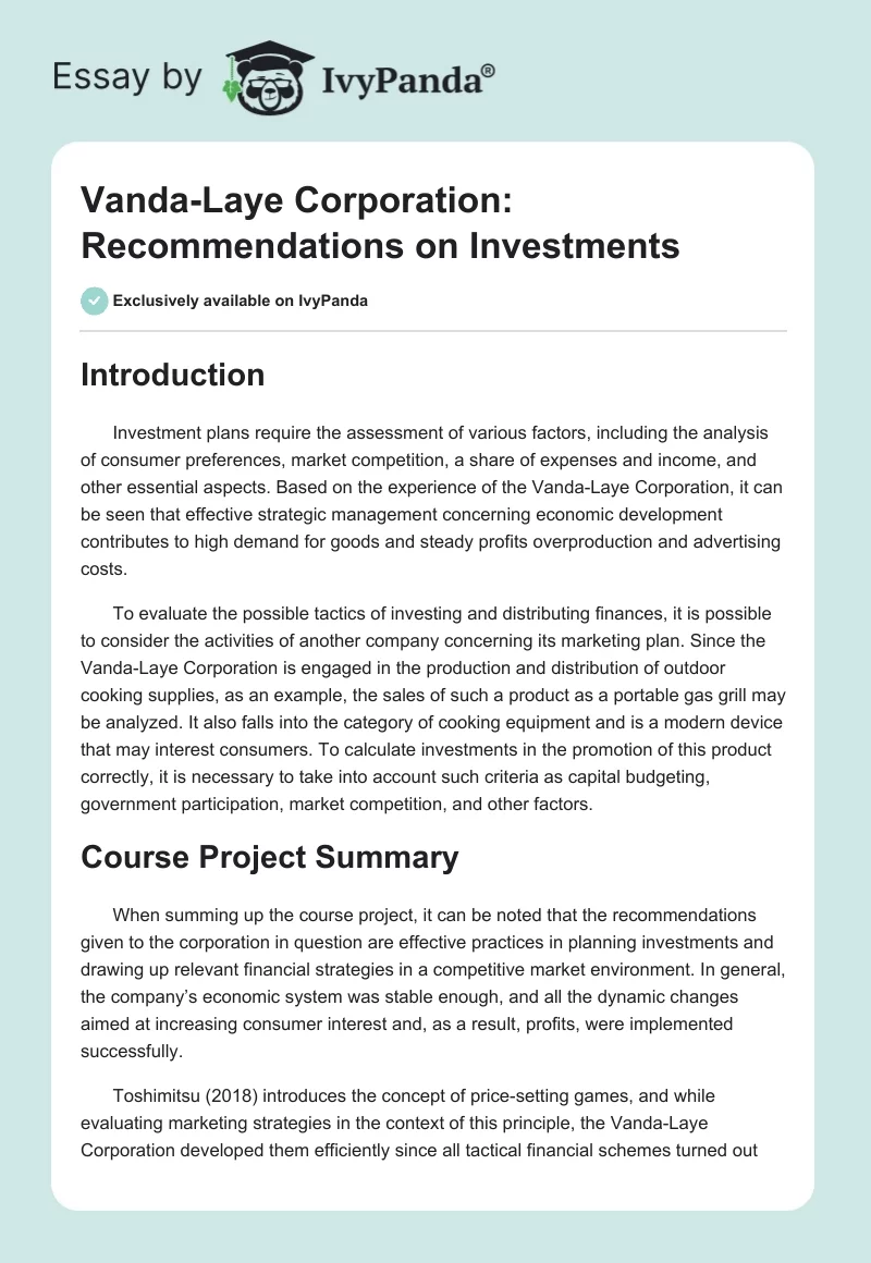Vanda-Laye Corporation: Recommendations on Investments. Page 1