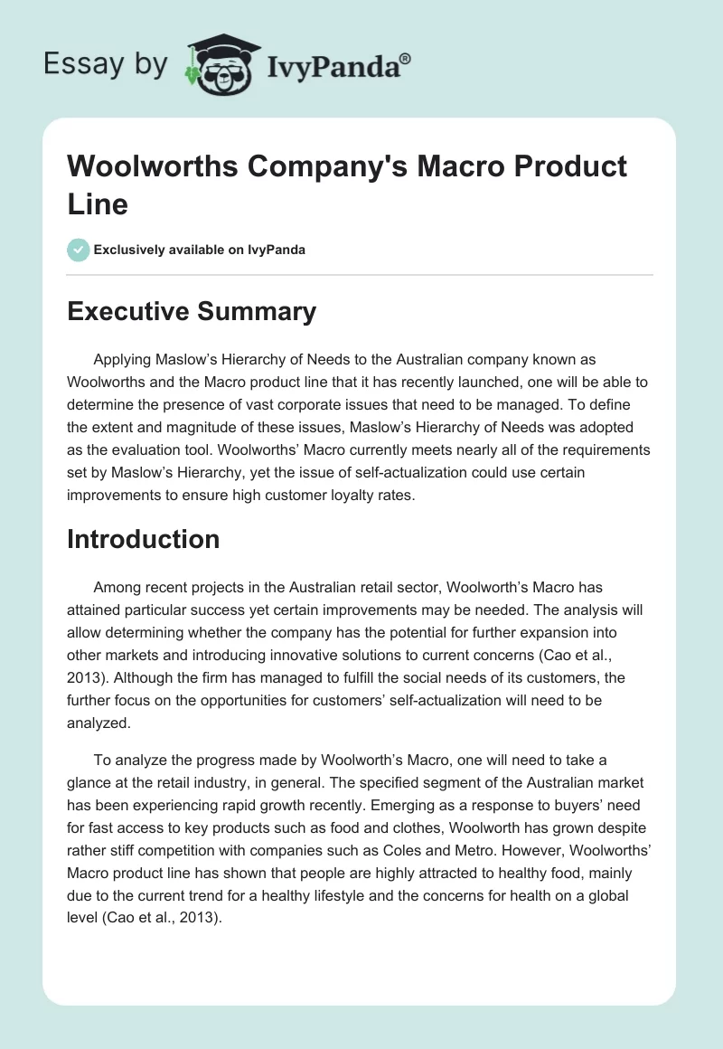 Woolworths Company's Macro Product Line. Page 1