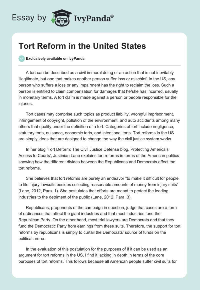 Tort Reform in the United States. Page 1