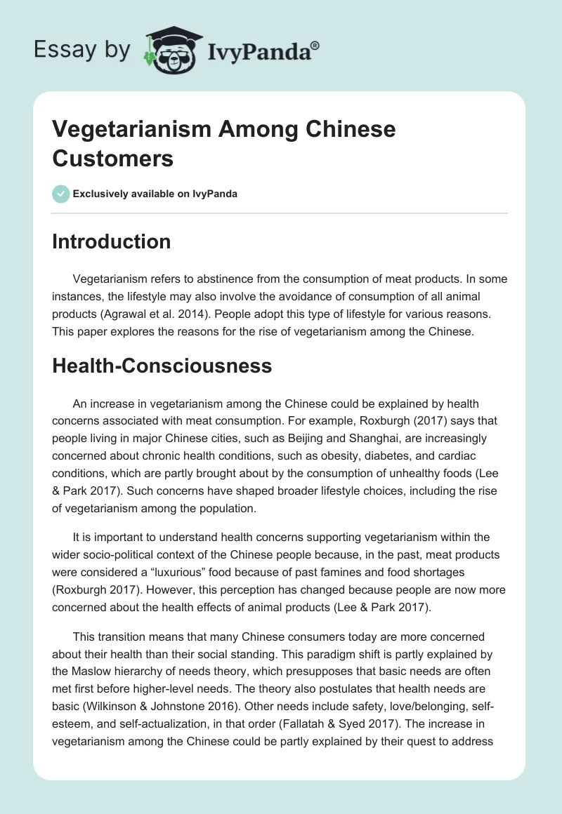 Vegetarianism Among Chinese Customers. Page 1