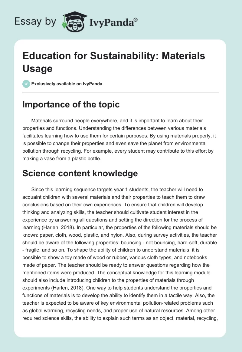 Education for Sustainability: Materials Usage. Page 1