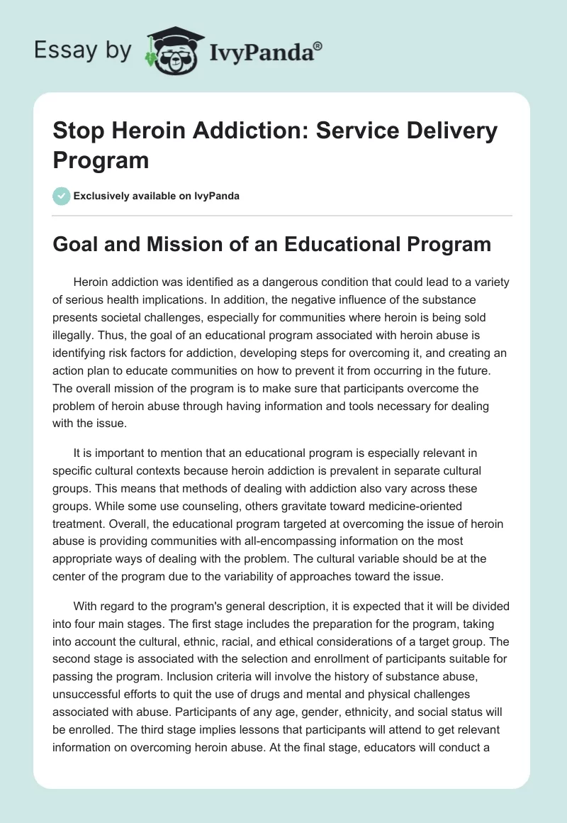Stop Heroin Addiction: Service Delivery Program. Page 1