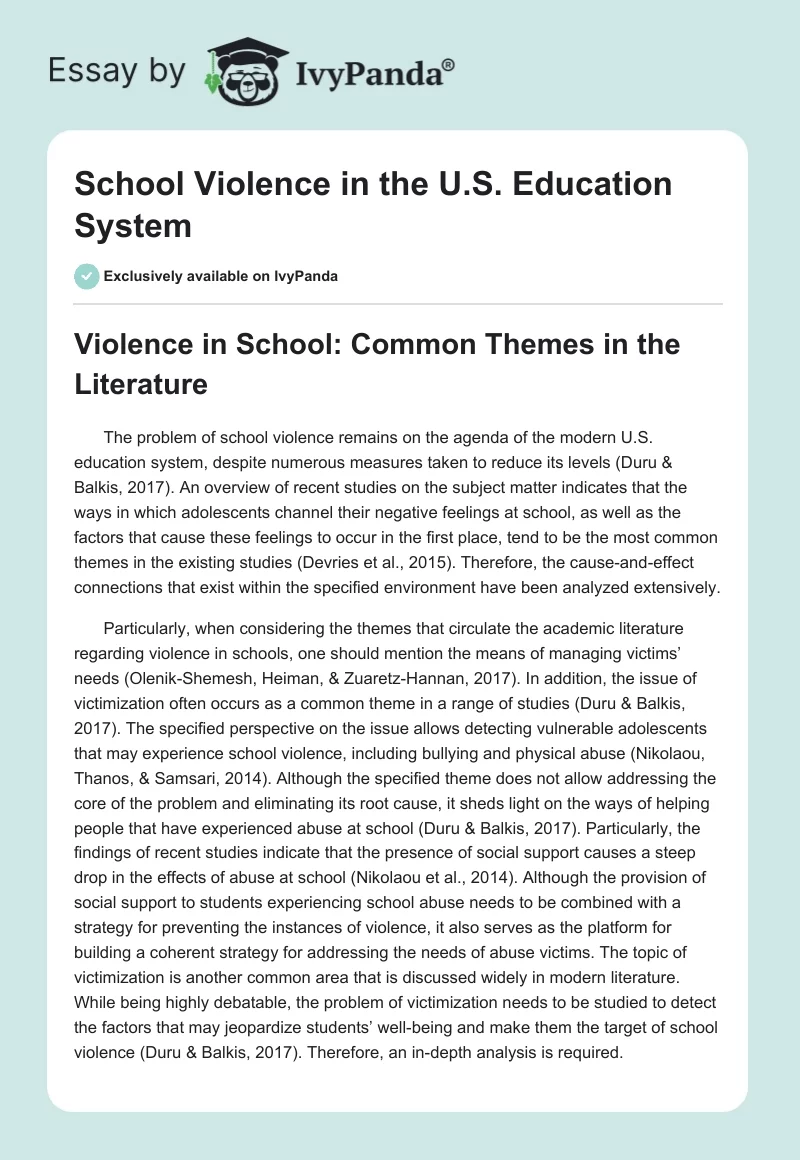 School Violence in the U.S. Education System. Page 1