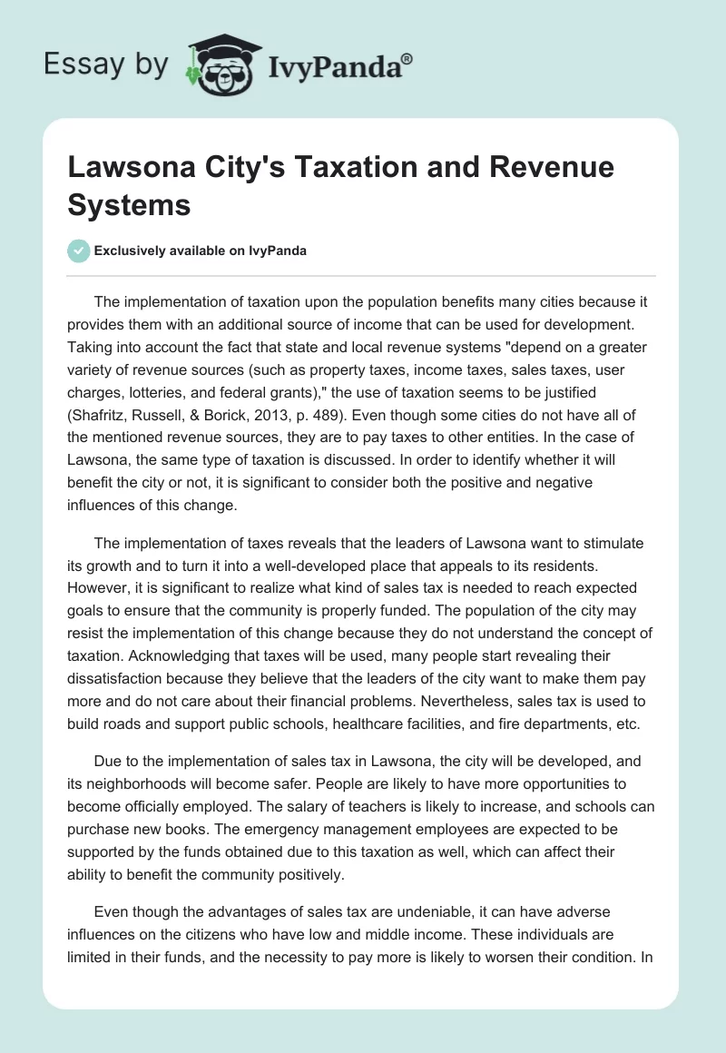 Lawsona City's Taxation and Revenue Systems. Page 1