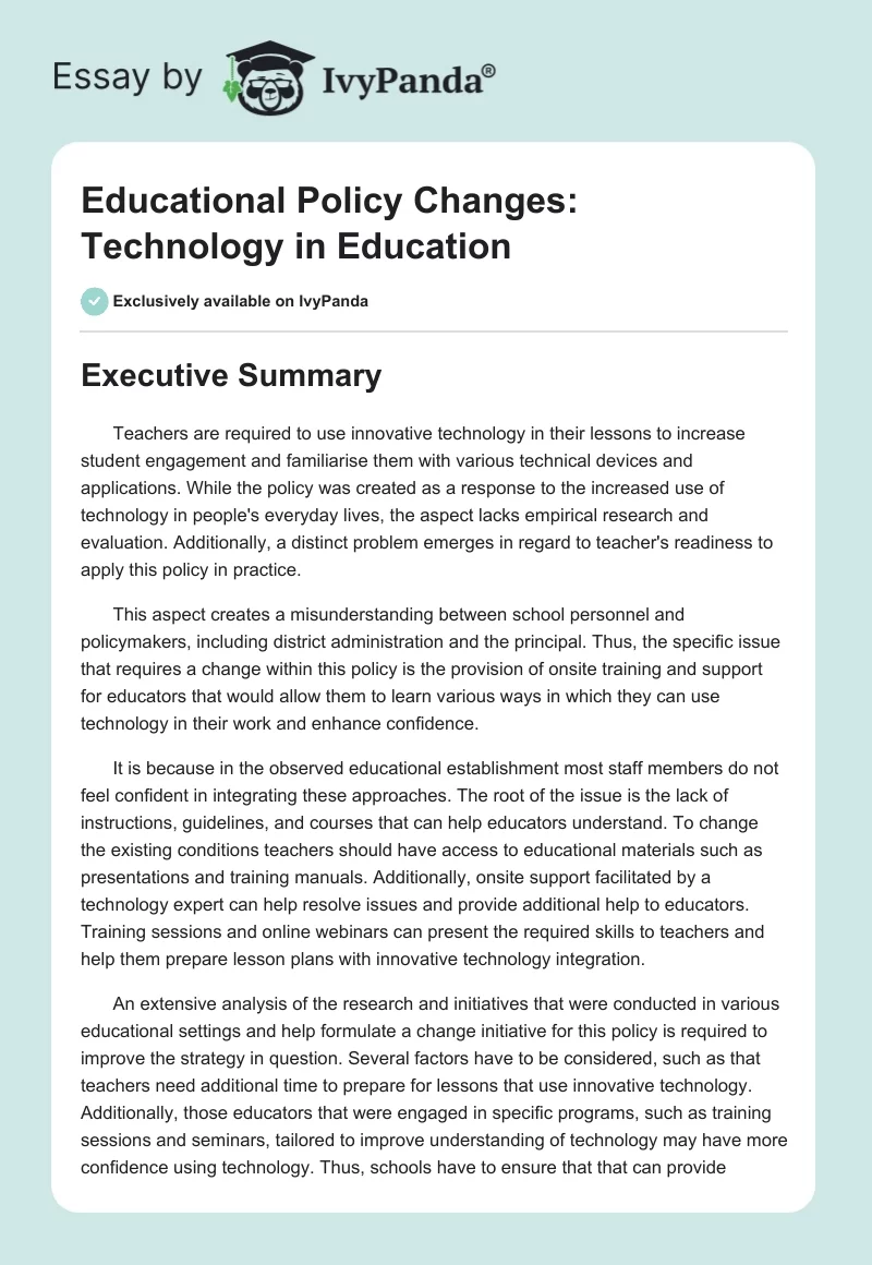 Educational Policy Changes: Technology in Education. Page 1