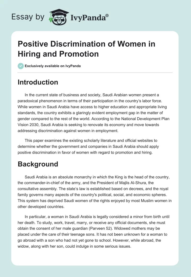 Positive Discrimination of Women in Hiring and Promotion. Page 1