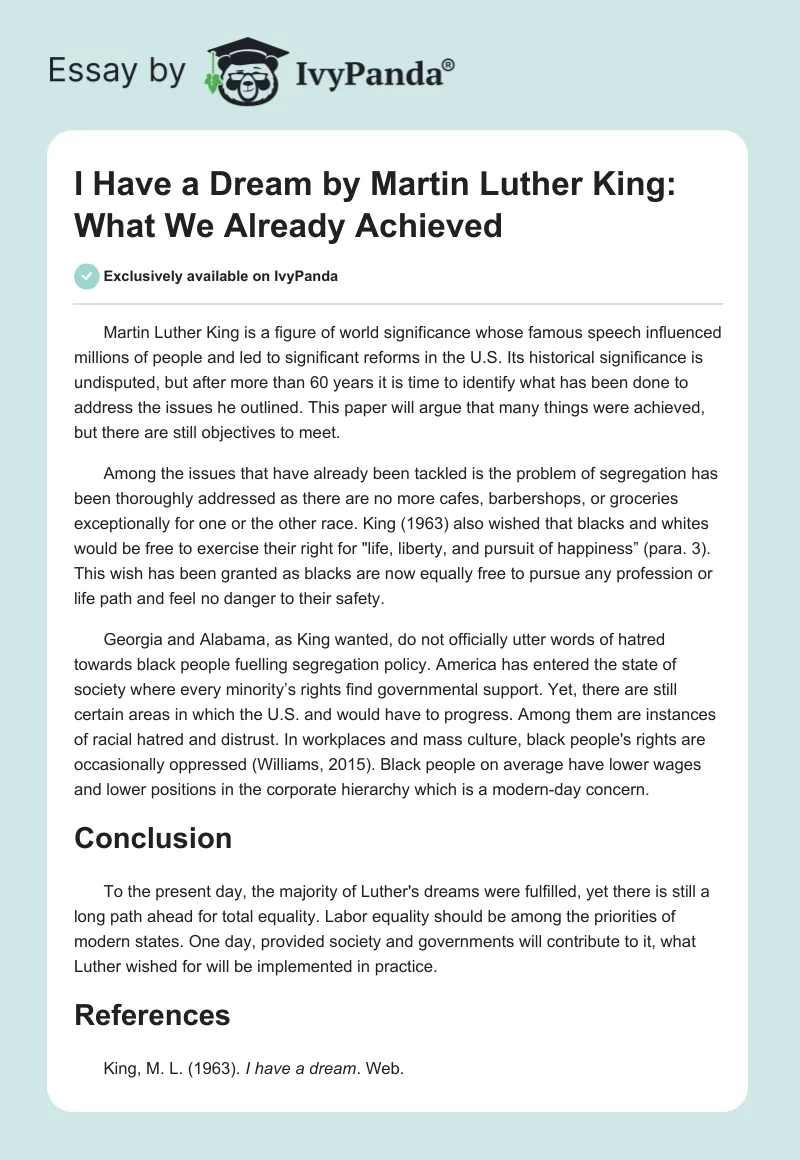 "I Have a Dream" by Martin Luther King: What We Already Achieved. Page 1