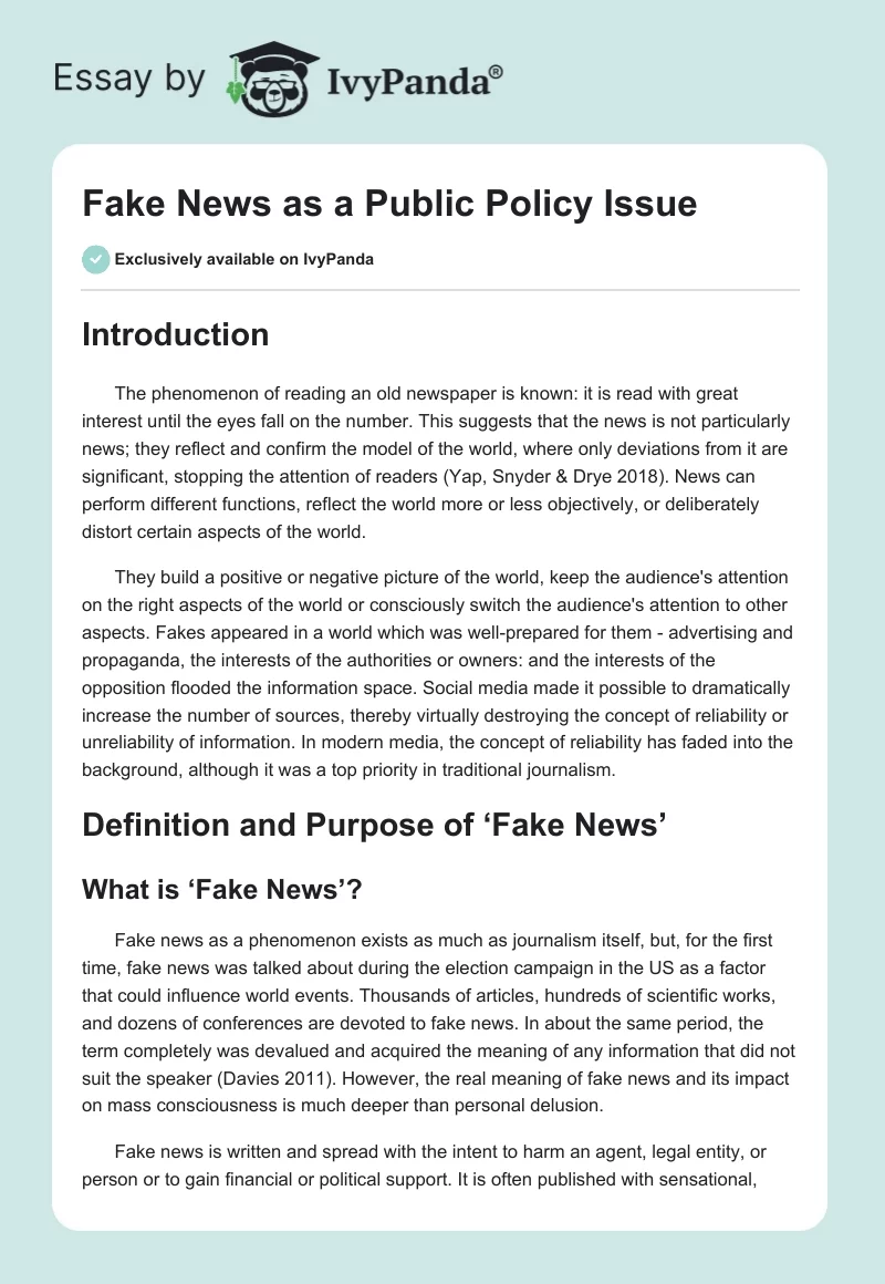 "Fake News" as a Public Policy Issue. Page 1
