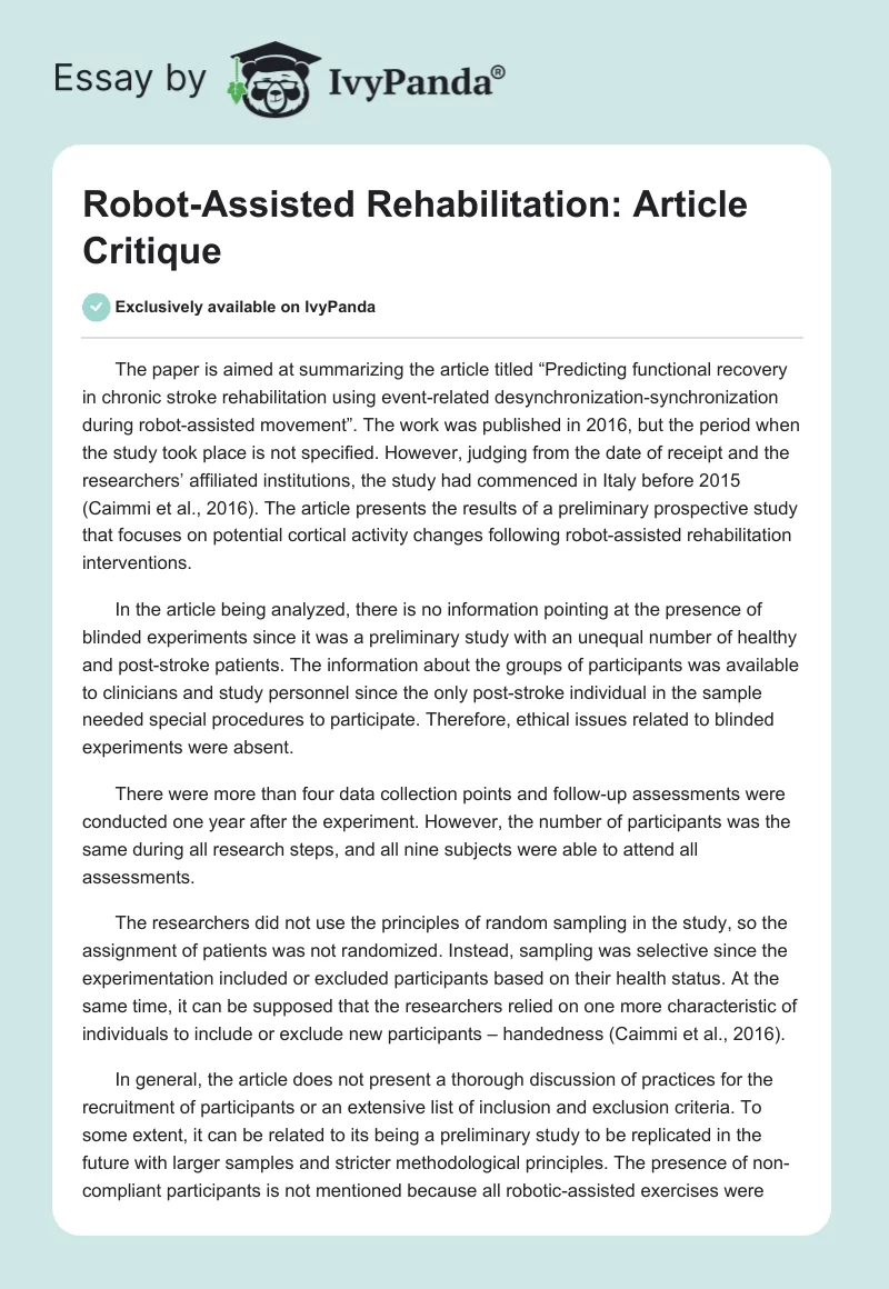 Robot-Assisted Rehabilitation: Article Critique. Page 1