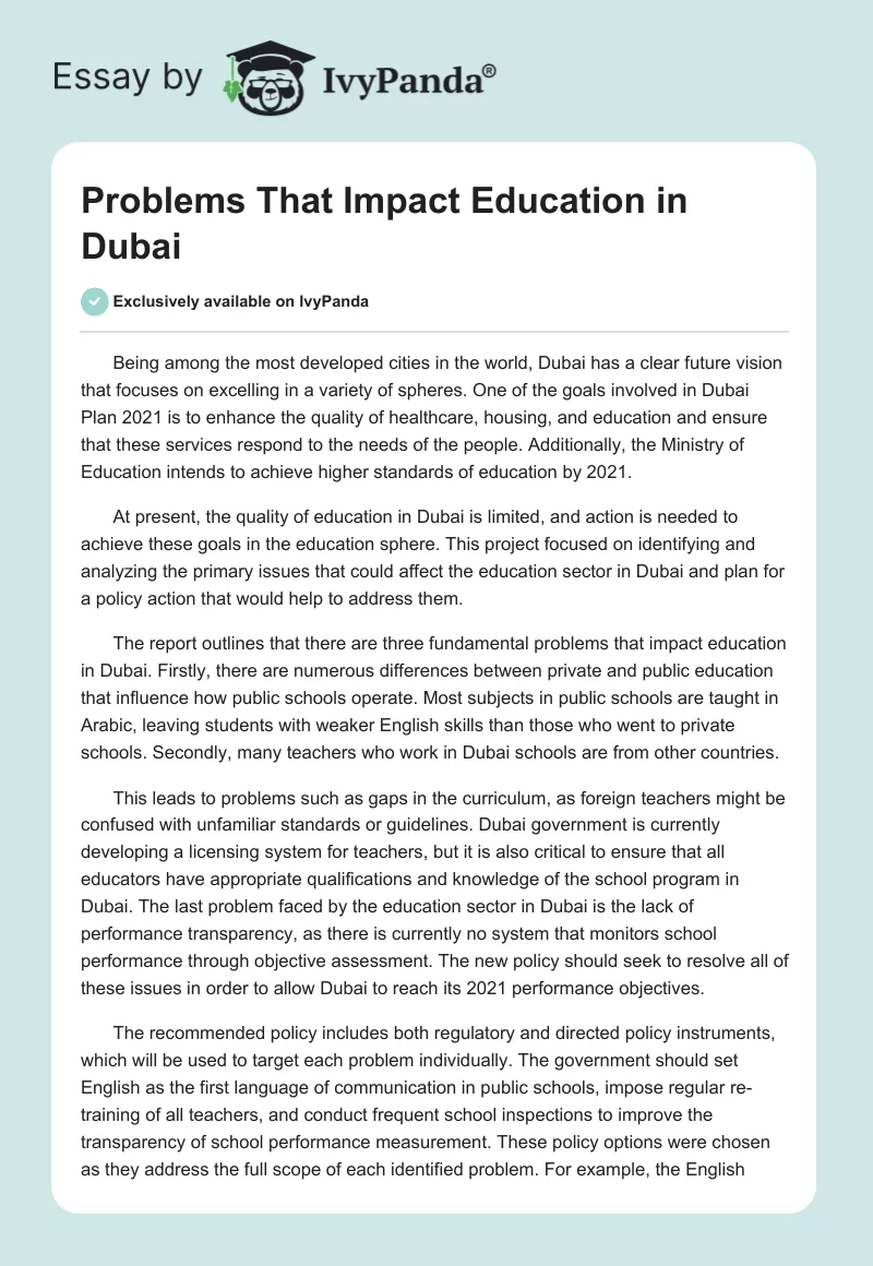 Problems That Impact Education in Dubai. Page 1