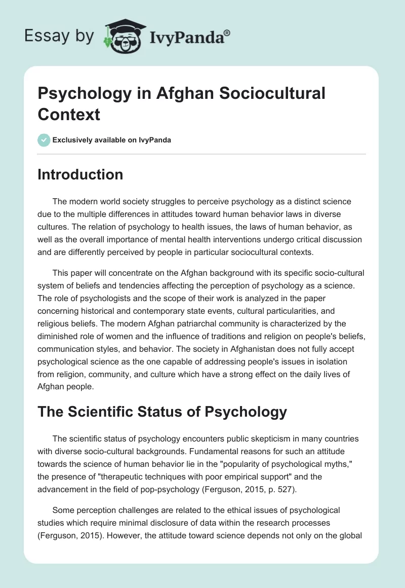 Psychology in Afghan Sociocultural Context. Page 1