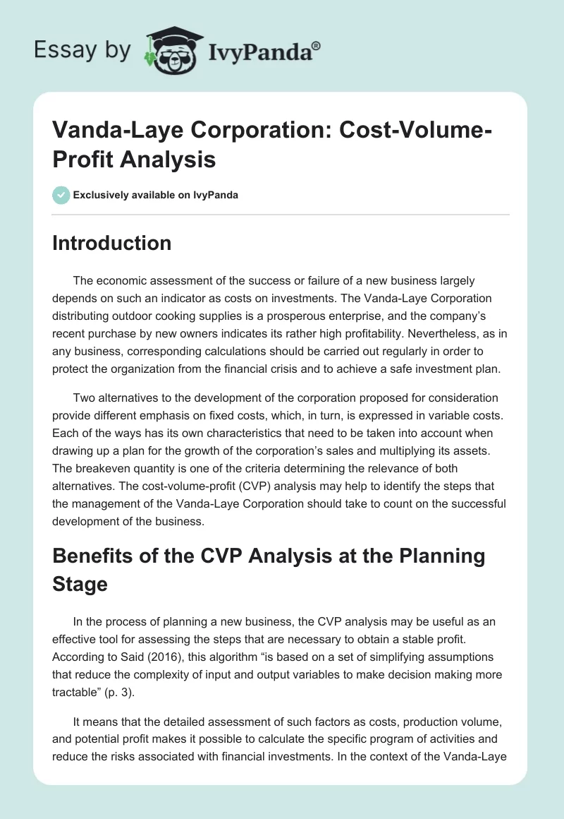 Vanda-Laye Corporation: Cost-Volume-Profit Analysis. Page 1