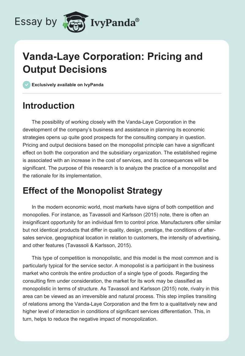 Vanda-Laye Corporation: Pricing and Output Decisions. Page 1