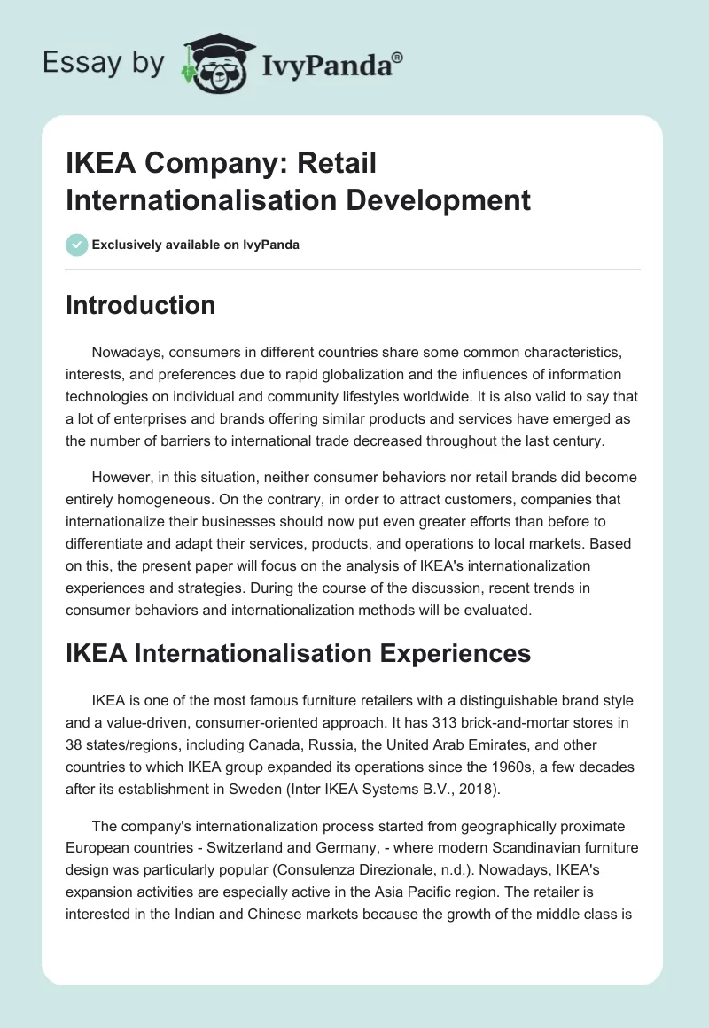 IKEA Company: Retail Internationalisation Development. Page 1