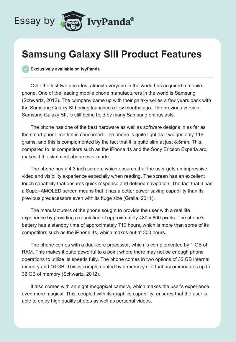 Samsung Galaxy SIII Product Features. Page 1