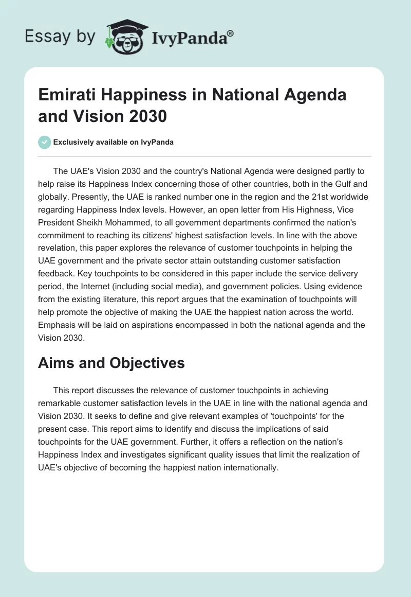 Emirati Happiness in National Agenda and Vision 2030. Page 1