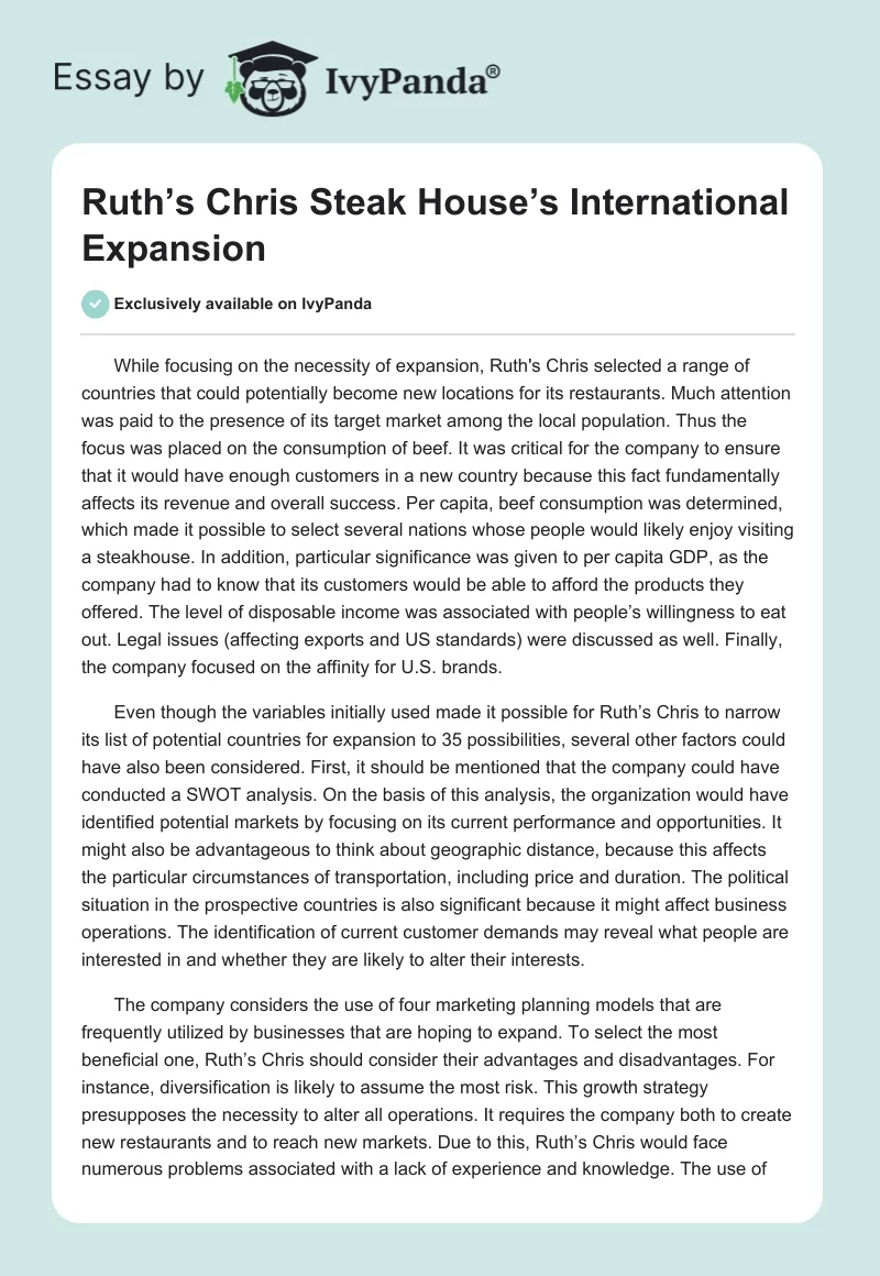 Ruth’s Chris Steak House’s International Expansion. Page 1