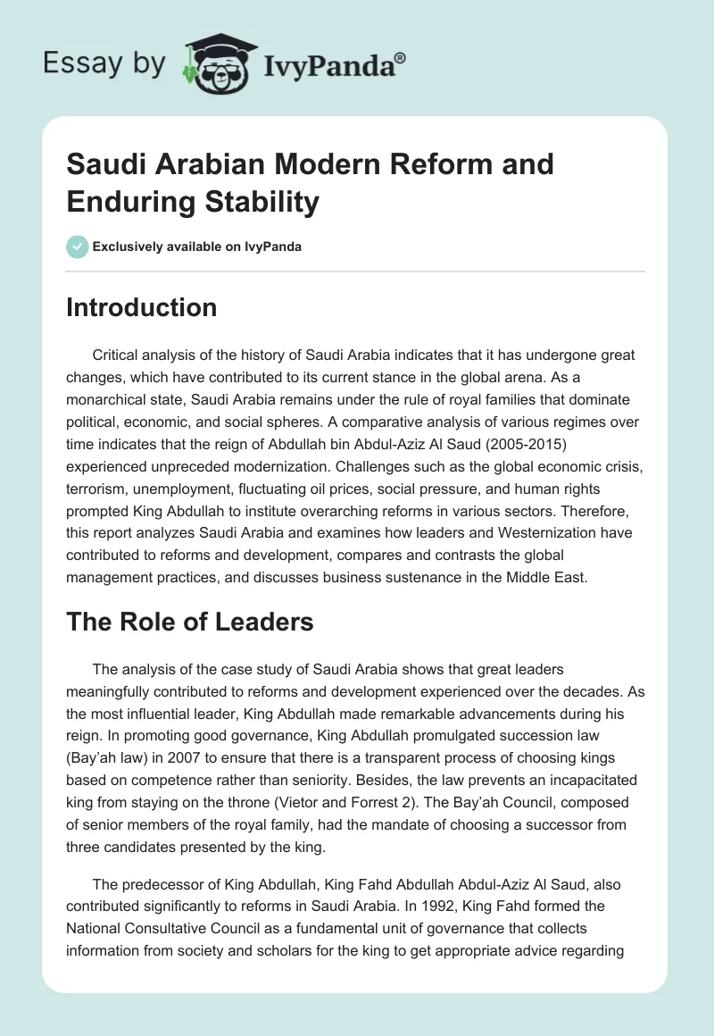 Saudi Arabian Modern Reform and Enduring Stability. Page 1