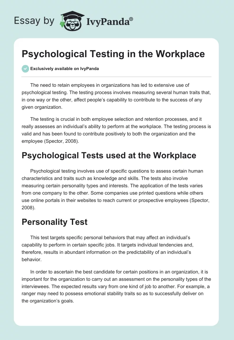Psychological Testing in the Workplace. Page 1