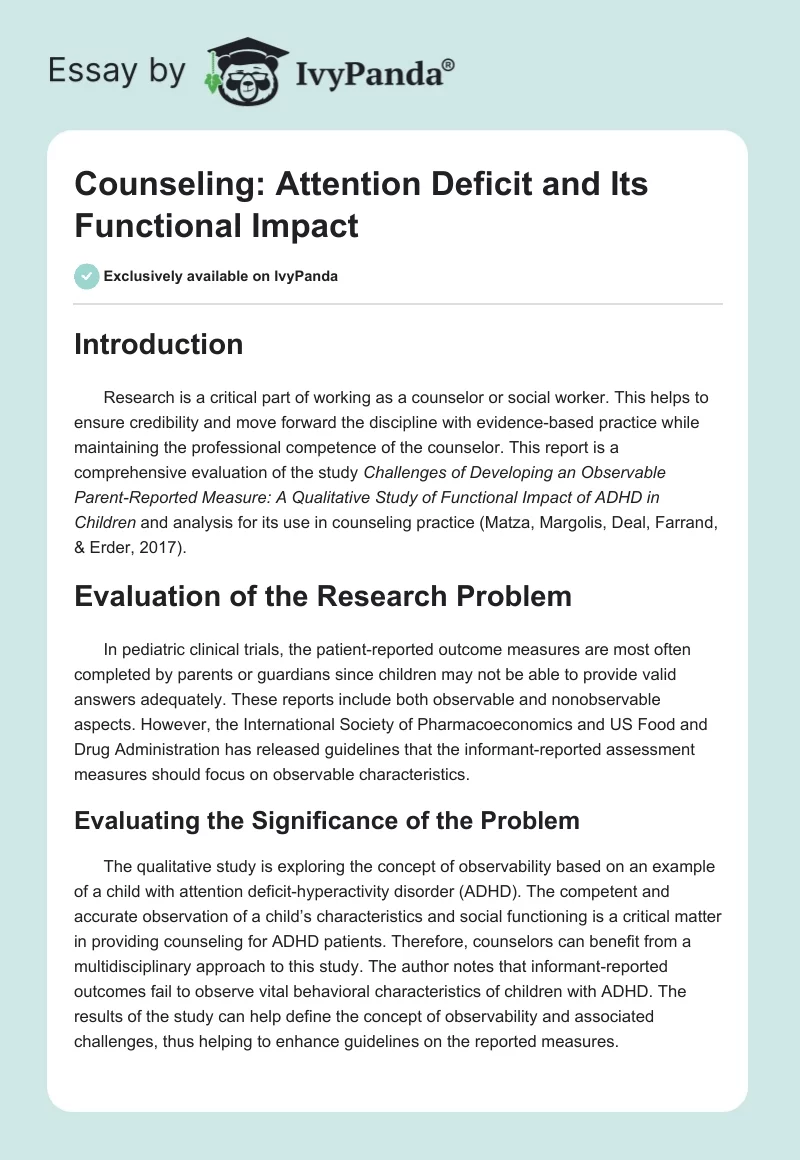 Counseling: Attention Deficit and Its Functional Impact. Page 1