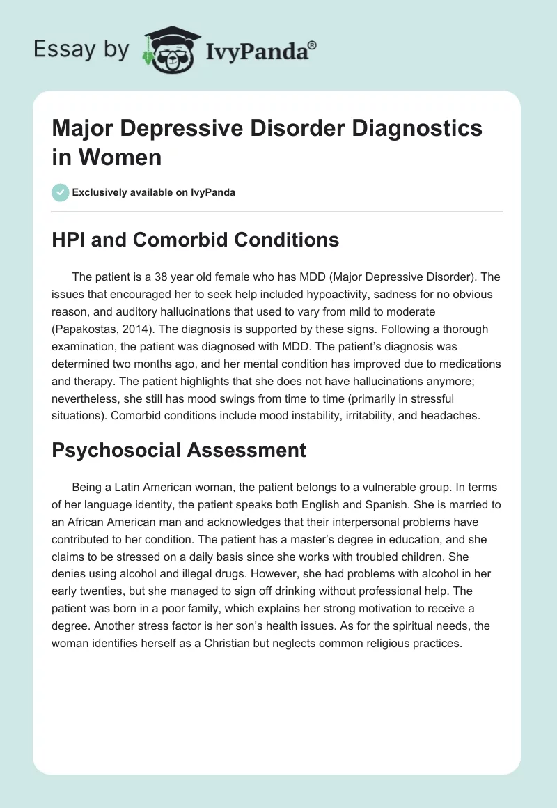 Major Depressive Disorder Diagnostics in Women. Page 1