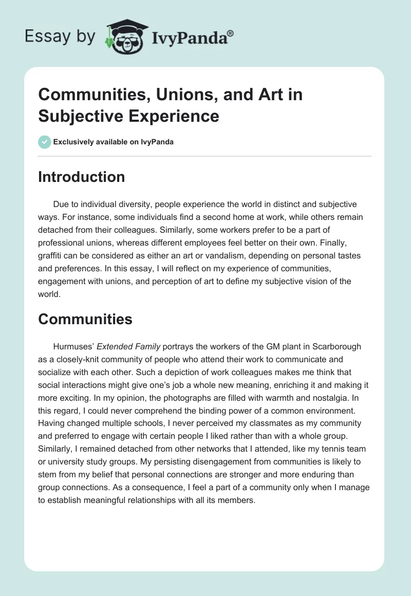 Communities, Unions, and Art in Subjective Experience. Page 1